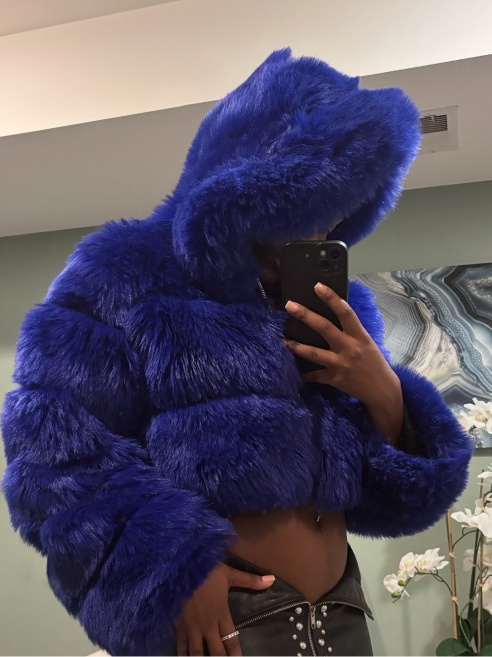 Blue Faux Fur Hooded Cropped Jacket